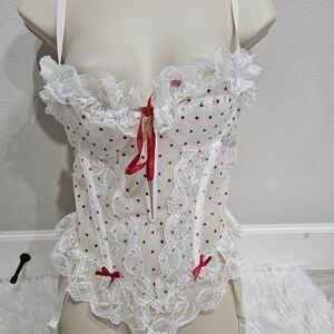 Vintage 80s White and Red Polka Dot Lace Corset